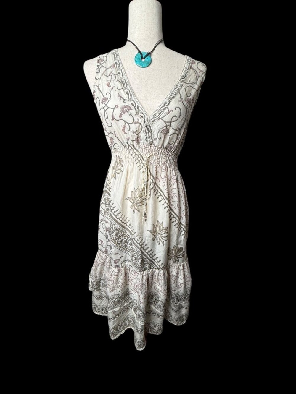 Silk Floral Midi Dress Smocked Waist Ruffle Hem Chaudry KC Cottage core M Boho